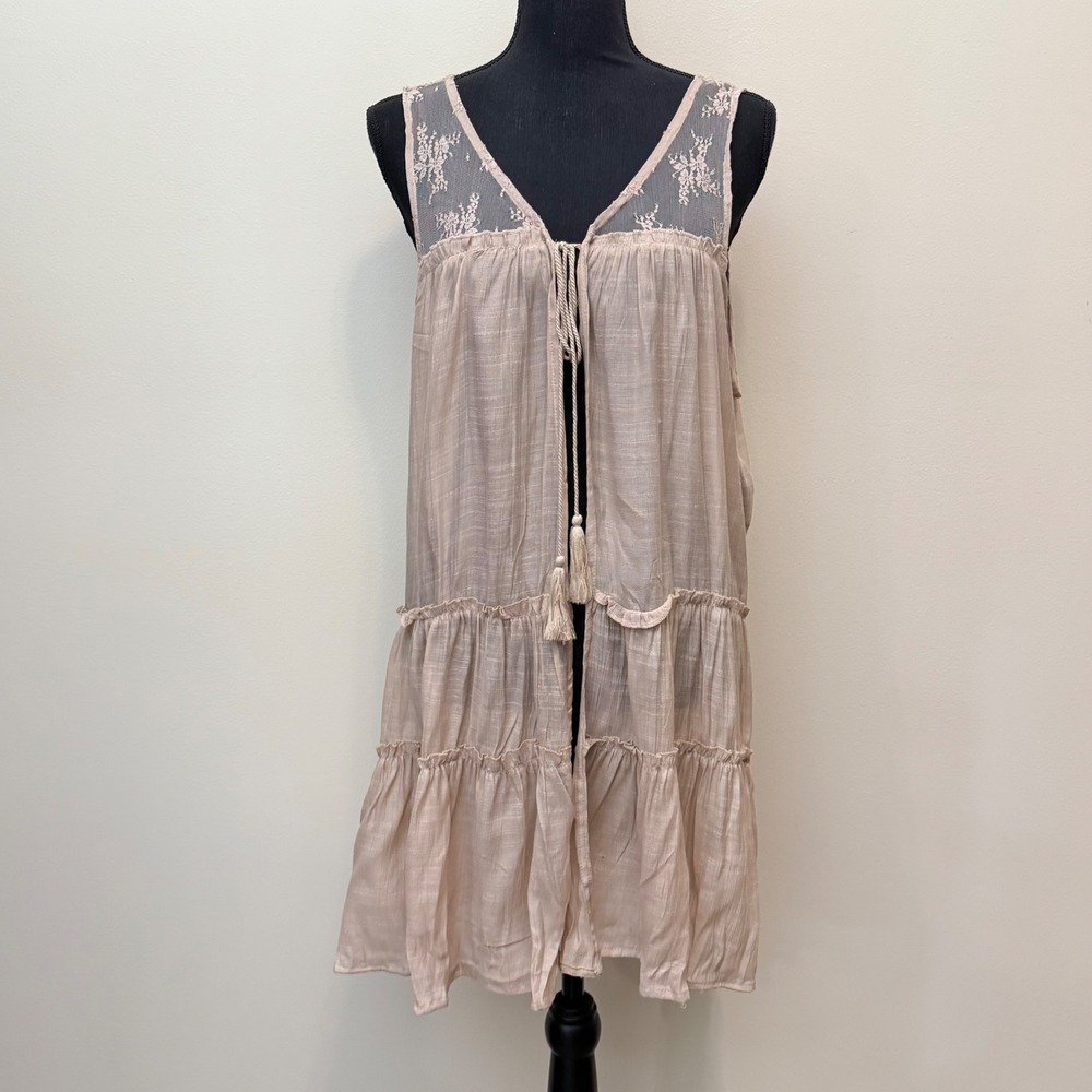 NEW Signature Studio Womens L Taupe Lace Yoke Tiered Ruffle Vest Fairy Whimsical